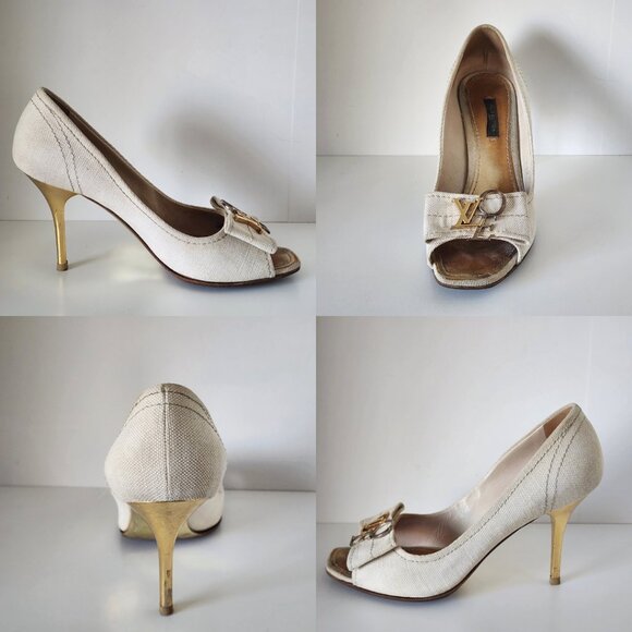 Authentic Louis Vuitton "Love" Cream Denim Canvas & Gold Metallic Peep-toe Pumps - Picture 2 of 10